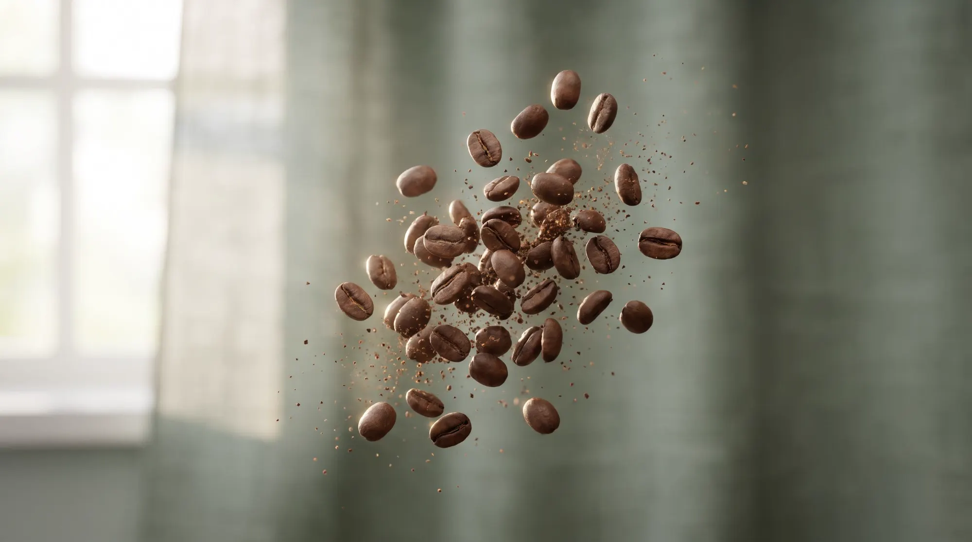 Roasted coffee beans and grounds suspended mid-air in front of a sunlit sage curtain