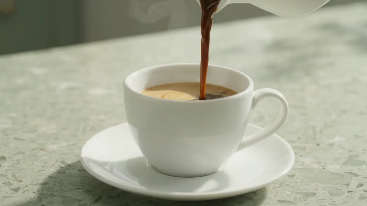 Espresso pouring into a white porcelain cup
