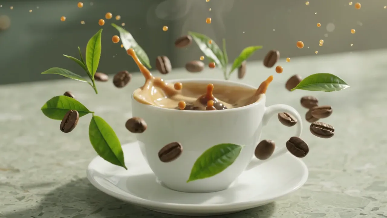 Coffee beans and tea leaves floating around a white cup